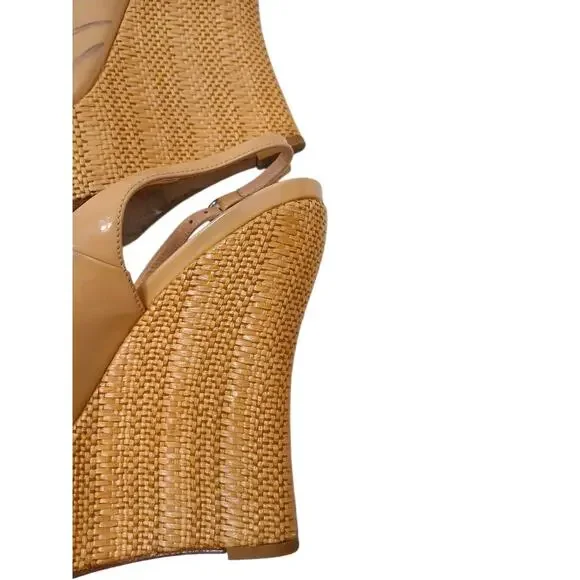 Gucci Patent Leather Strafish Raffia Wedge Slingback Sz 39.5 Tan Beige Vernice